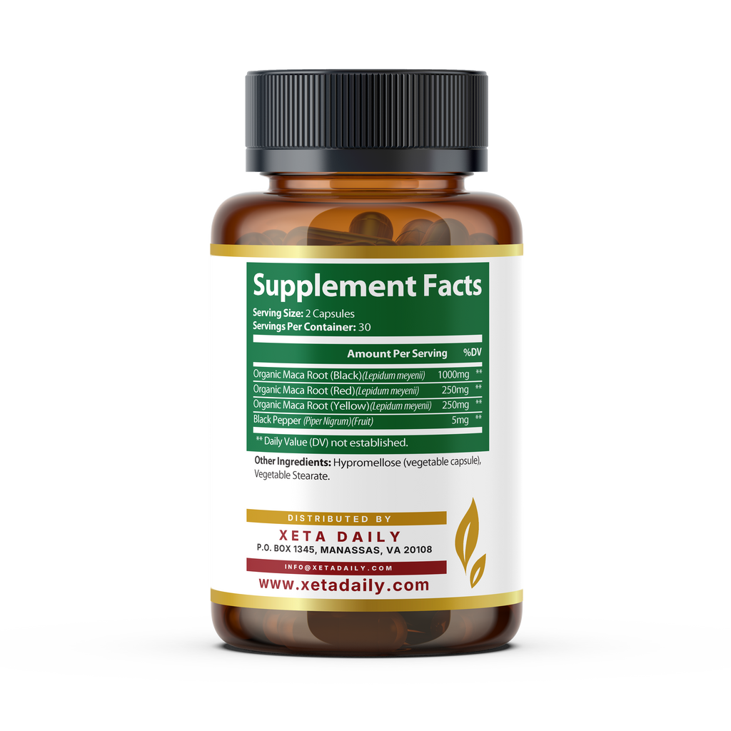 Organic Maca Plus 1505mg with Black Pepper – Triple Blend (60 Capsules / 30-Day Supply)