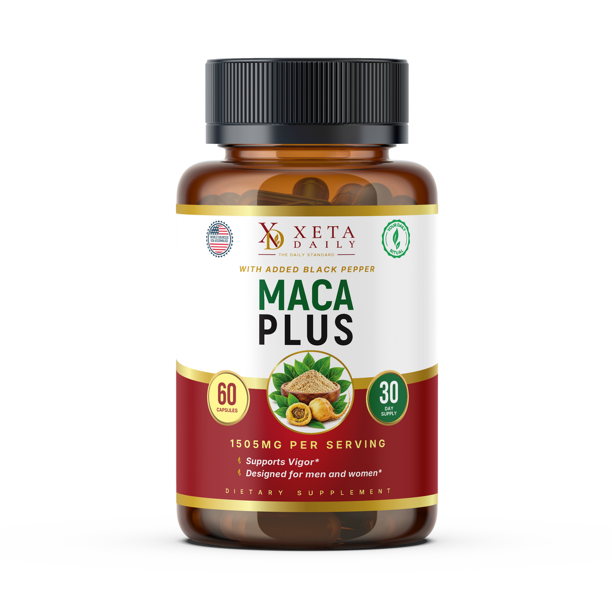 Organic Maca Plus 1505mg with Black Pepper – Triple Blend (60 Capsules / 30-Day Supply)