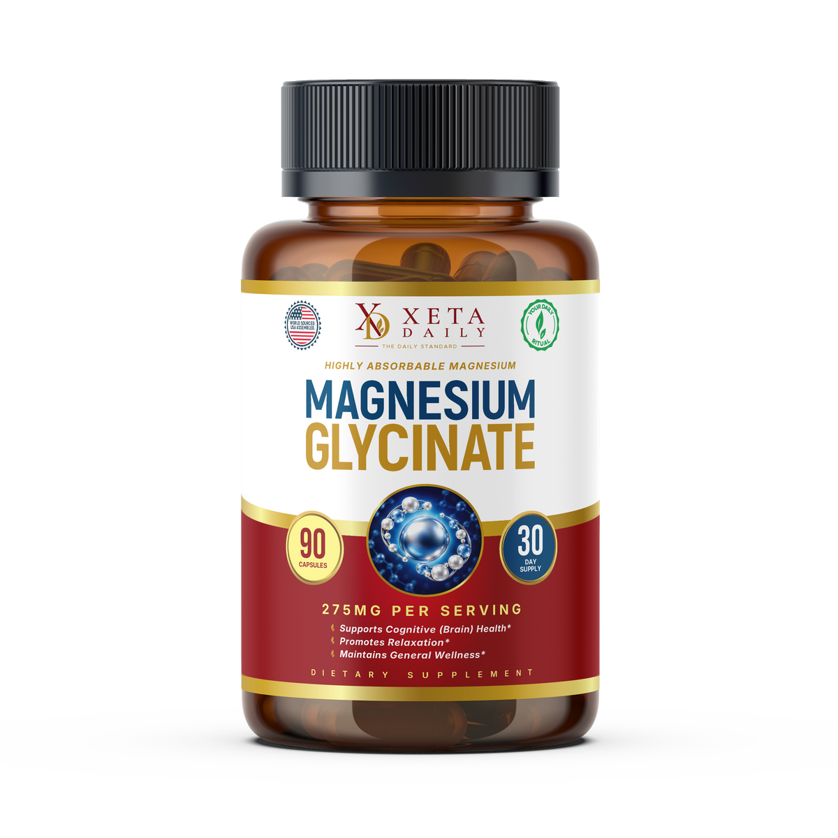 Xeta Daily Magnesium Glycinate 275mg – 90 Vegan Capsules | High Absorption Fully Reacted Chelated Bisglycinate Supplement for Sleep, Calm, Stress Relief & Muscle Relaxation
