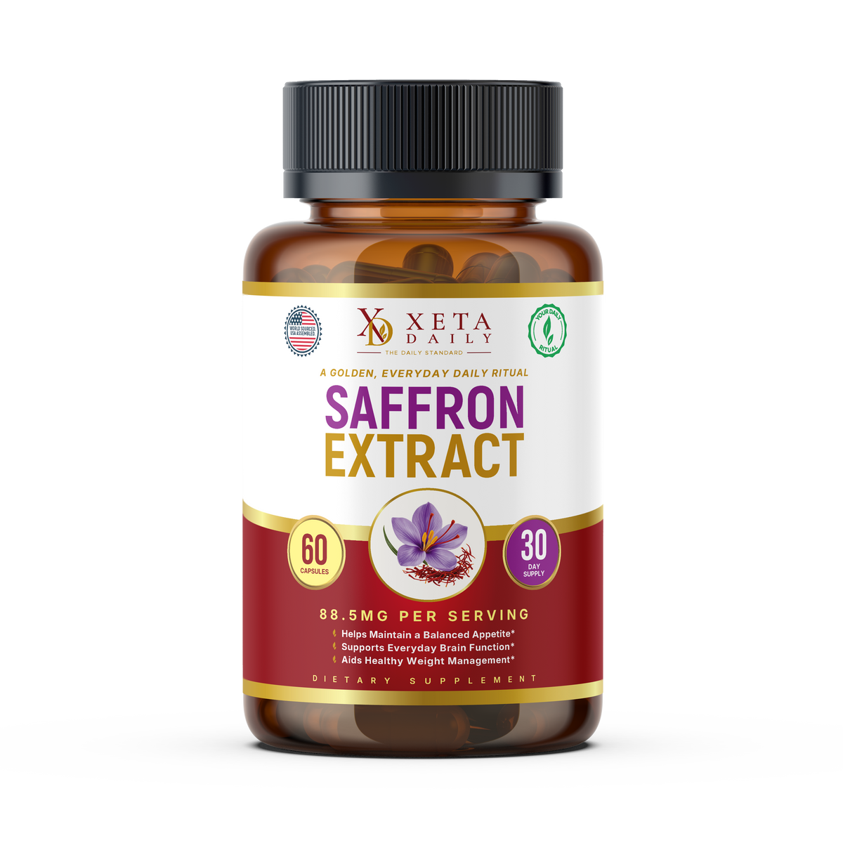Pure Saffron Extract 88.5mg – 60 Veggie Capsules – Mood, Appetite & Eye Health Support – Non-GMO, Gluten-Free Daily Herbal Supplement